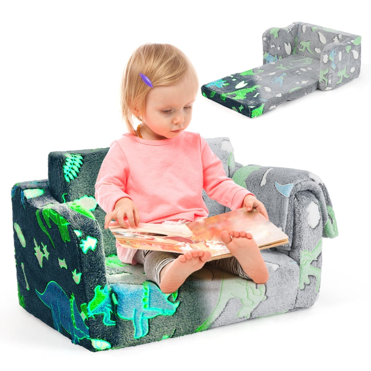 CostwayCanapé pour Enfants avec Couverture Canapé et Chaise Longue Pliable Fauteuil Phosphorescent pour 3+ Ans Dinosaure Gris