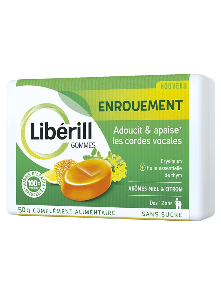 Liberill Gommes Enrouement Boite de 50 g Aux Ingrédients d'Origine Naturelle. Dès 12 Ans. Complément Alimentaire. Sans Sucre et Avec Édulcorants.