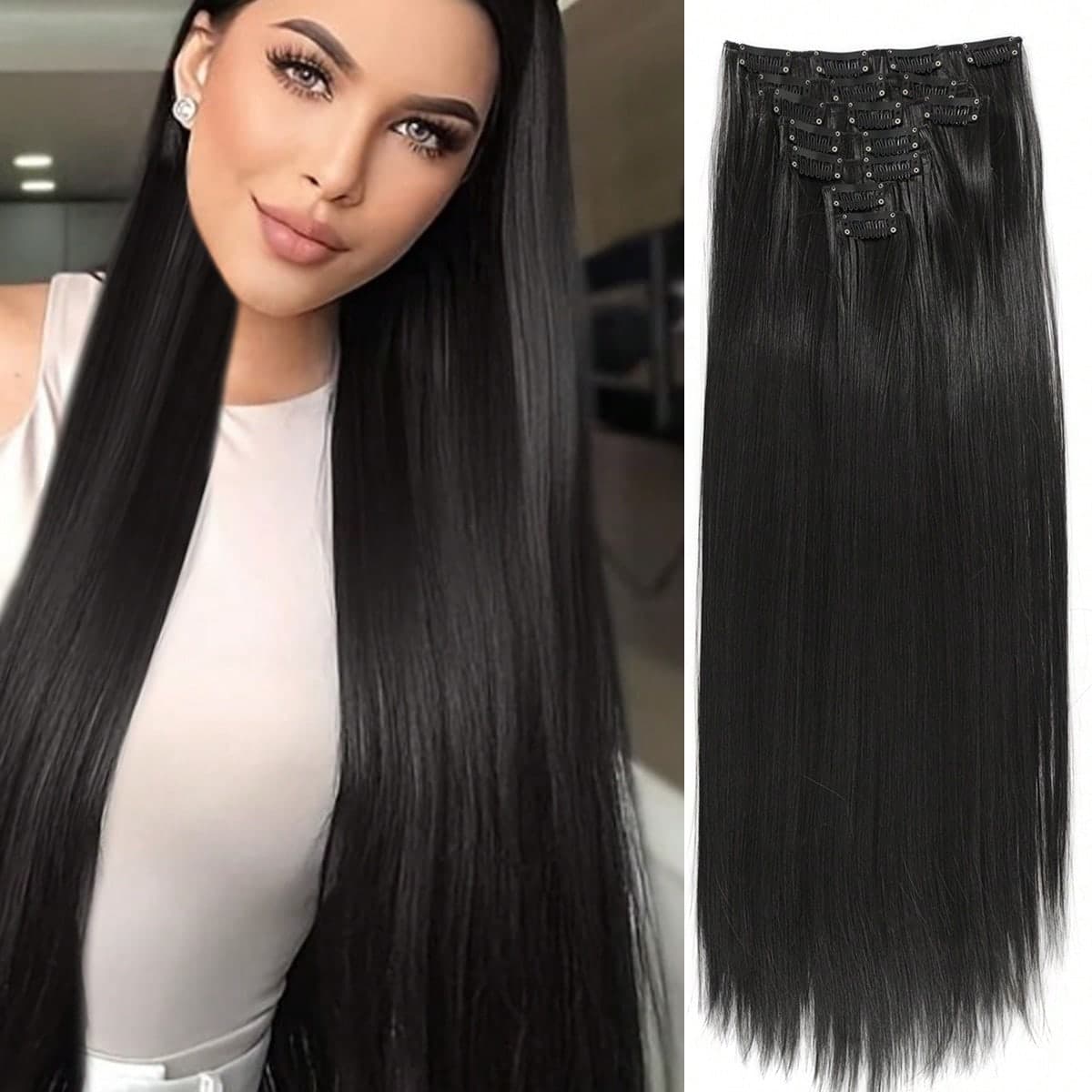 Extensions de cheveux à clip naturelles longues et droites synthétiques 7 pièces 16 clips pour femmes en mèches noires brunes avec des reflets